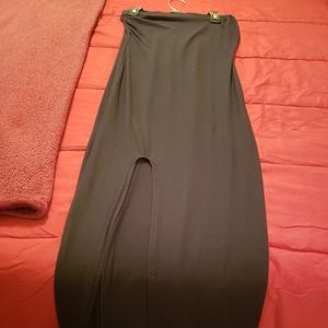 Black strapless, long dress with high side split